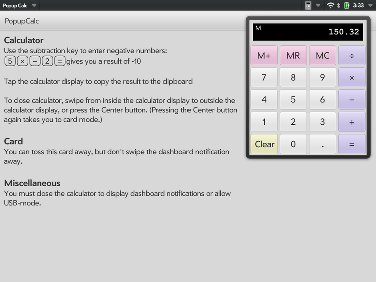 Popup Calc instruction card